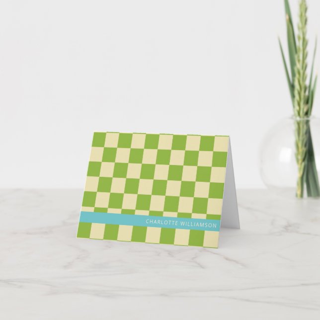 Retro Aesthetic Chequerboard Green Personalised Note Card (Front)