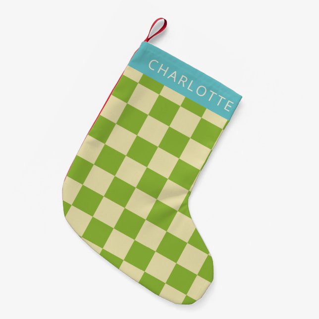 Retro Aesthetic Chequerboard Green Personalised  Small Christmas Stocking (Front (Hanging))