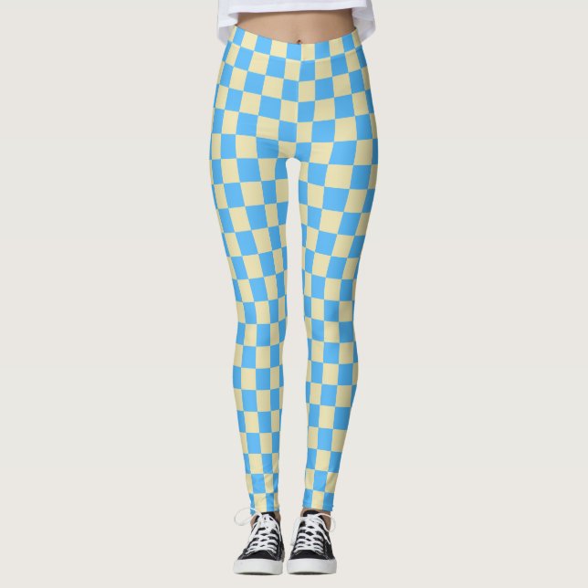 Retro Aesthetic Chequerboard Pattern Blue White Leggings (Front)