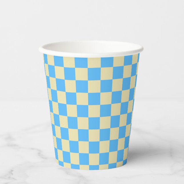 Retro Aesthetic Chequerboard Pattern Blue White  Paper Cups (Front)