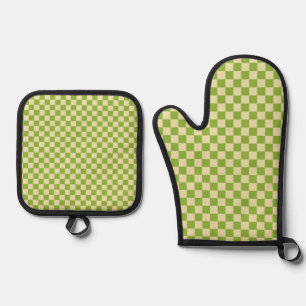 Retro Aesthetic Chequerboard Pattern Green White  Oven Mitt & Pot Holder Set
