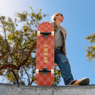 retro aesthetic pink and red checkerboard pattern skateboard