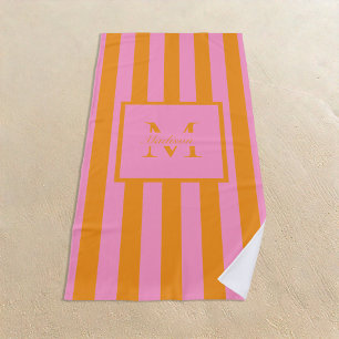 Retro Aesthetic Pink Orange Personalised Monogram  Beach Towel