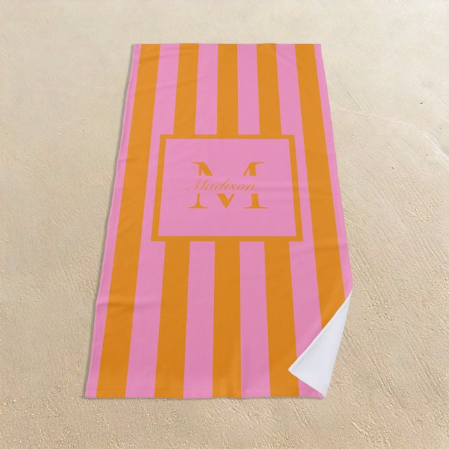 Retro Aesthetic Pink Orange Personalised Monogram  Beach Towel (Creator Uploaded)