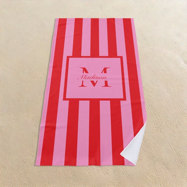 Retro Aesthetic Pink Red Personalised Monogram  Beach Towel (Creator Uploaded)