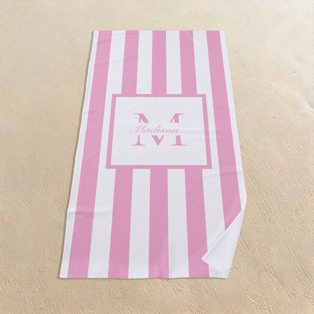 Retro Aesthetic Pink White Personalised Monogram  Beach Towel (Creator Uploaded)