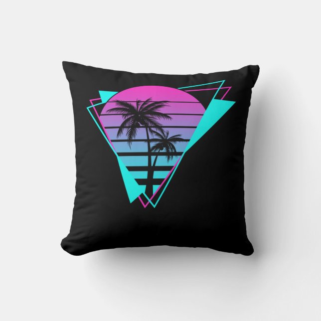 Retro Aesthetic Vaporwave Geometric Palm Trees Cushion (Front)