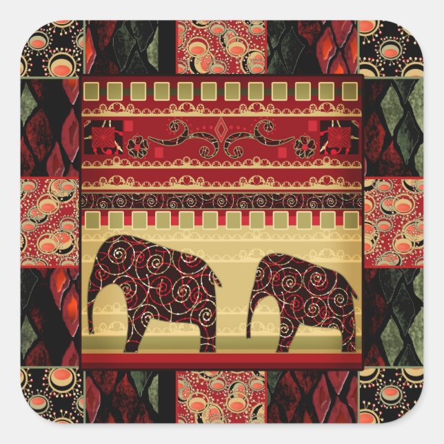 Retro african print with elephants square sticker (Front)