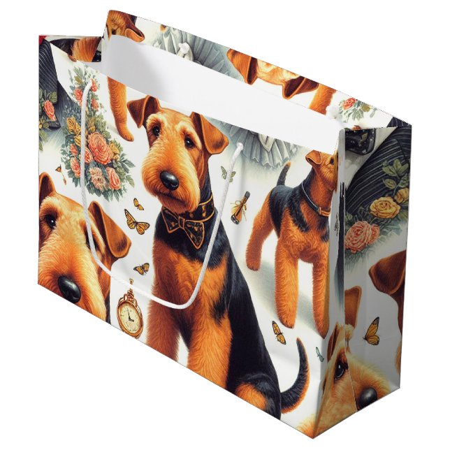 Retro Airedale Terrier Seamless Large Gift Bag (Front Angled)