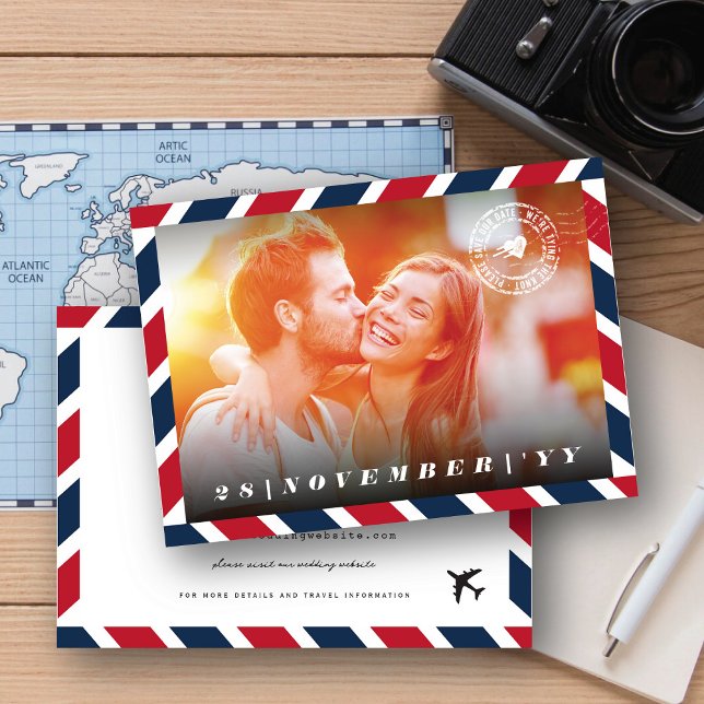 Retro Airmail Postal Photo Destination Wedding Save The Date (Creator Uploaded)