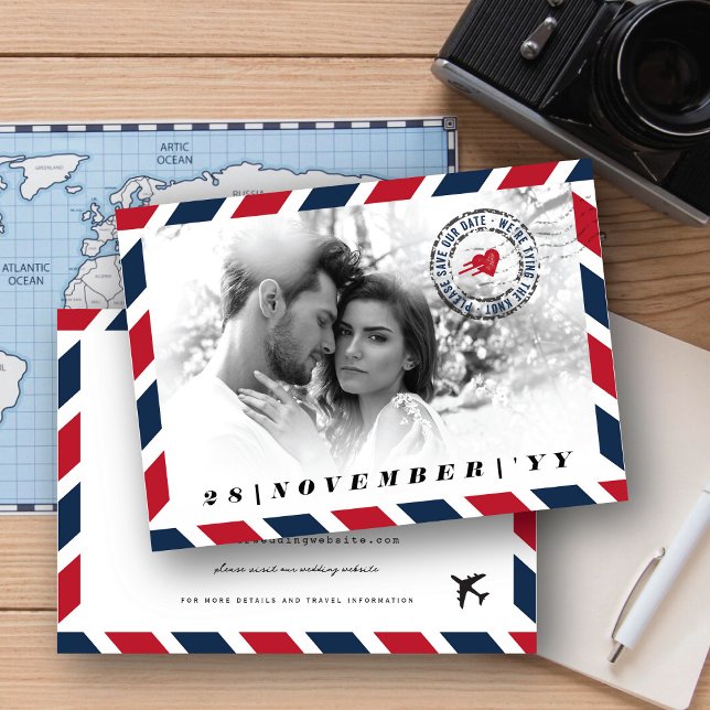 Retro Airmail Postal Photo Destination Wedding Save The Date (Creator Uploaded)