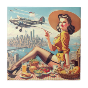 Retro Airplane Pin-up Illustration Tile