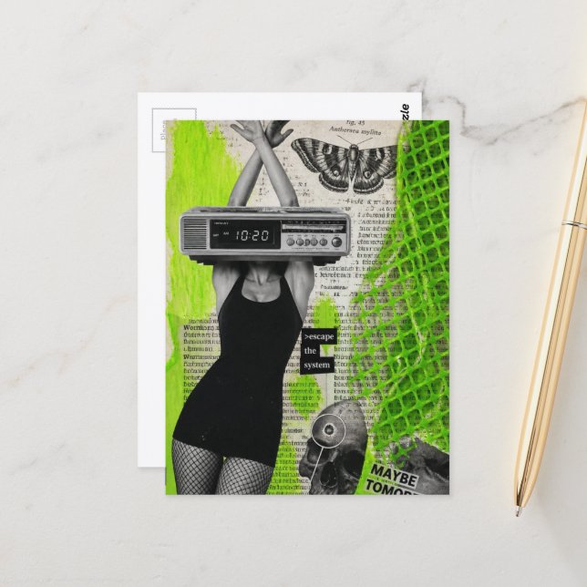 Retro Alarm Clock Lady Collage Postcard (Front/Back In Situ)