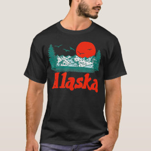 Retro Alaska Mountain Trees Sun Scene Graphic T-Shirt