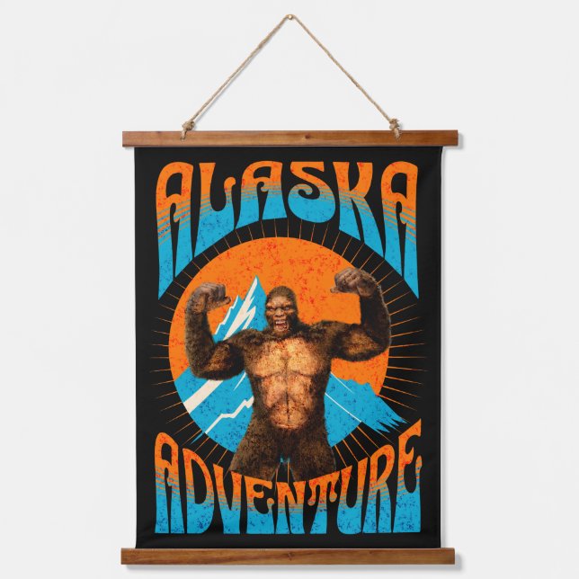 Retro Alaska Sasquatch Mountain Adventure Hanging Tapestry (Front)