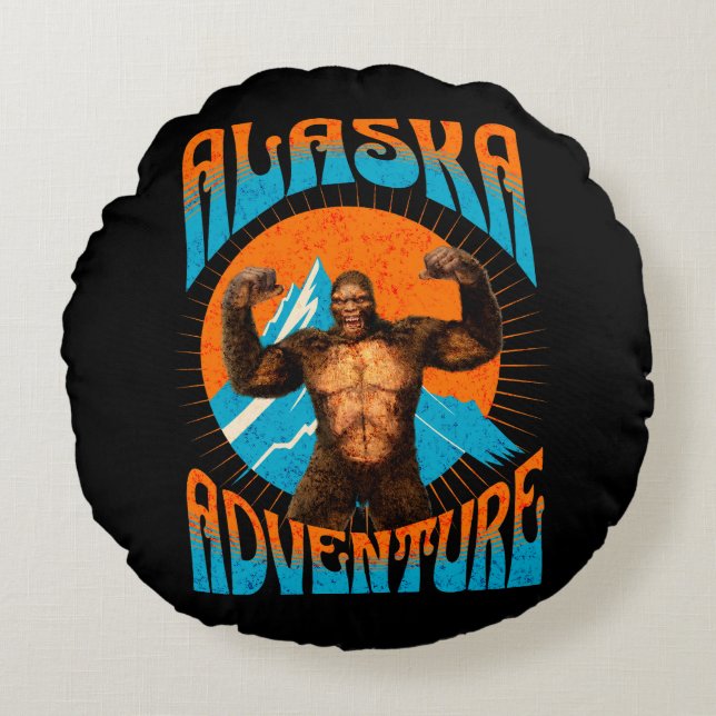 Retro Alaska Sasquatch Mountain Adventure Round Cushion (Front)