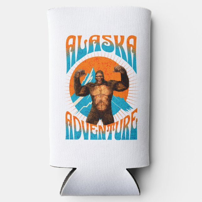 Retro Alaska Sasquatch Mountain Adventure Seltzer Can Cooler (Front)