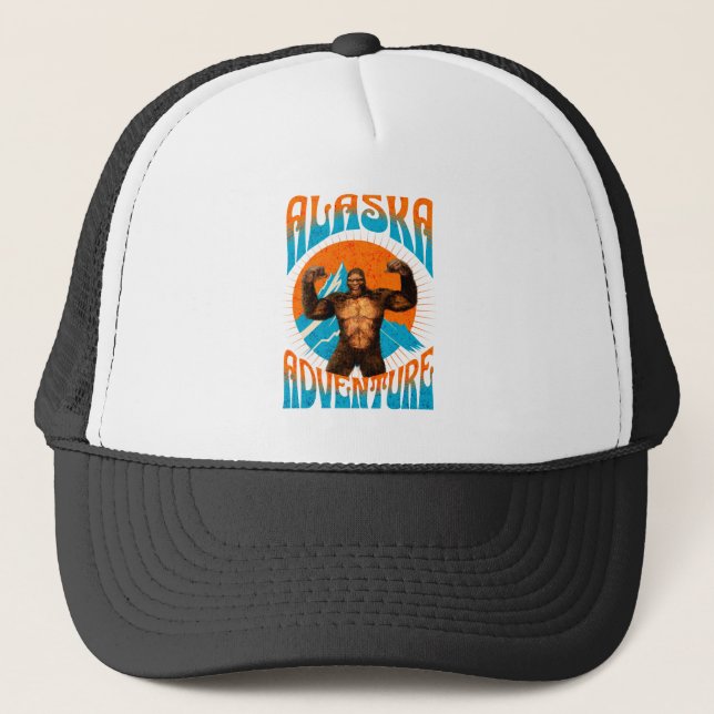 Retro Alaska Sasquatch Mountain Adventure Trucker Hat (Front)