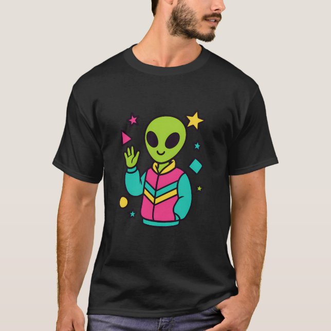 Retro Alien in Neon Jacket | 80s Sci-Fi Vector Art T-Shirt (Front)