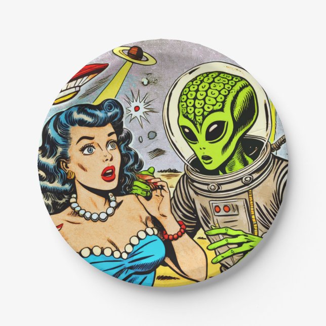 Retro Alien Science Fiction Comics Paper Plate (Front)