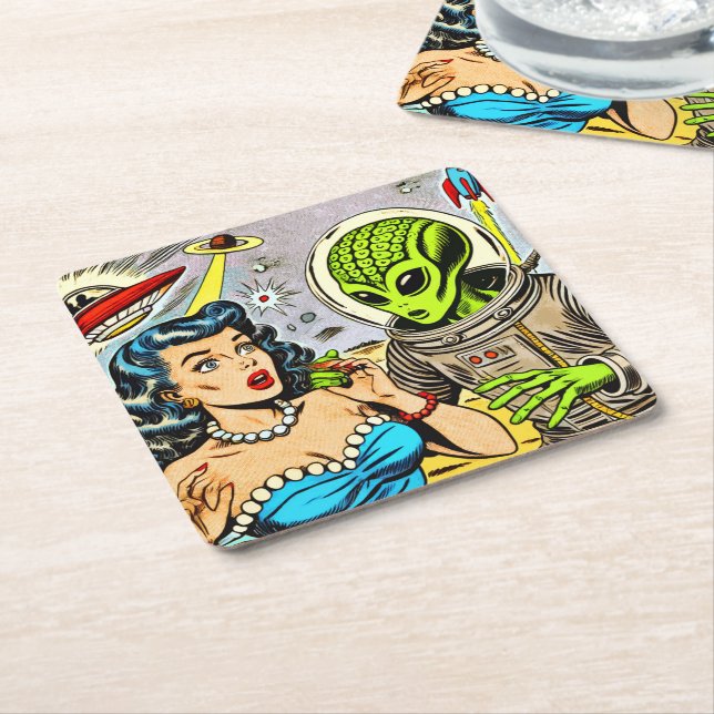 Retro Alien Science Fiction Comics Square Paper Coaster (Angled)
