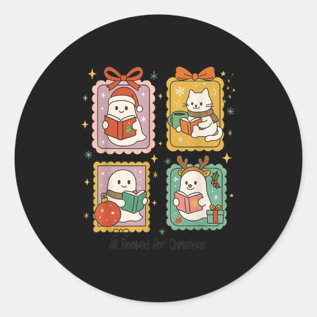 Retro All Booked For Christmas Frame Cute Ghost Re Classic Round Sticker (Front)