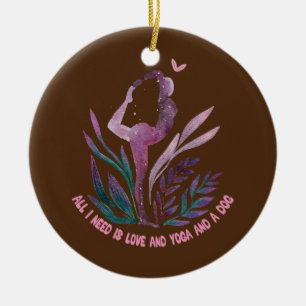 Retro all i need is love and yoga and a dog  ceramic tree decoration