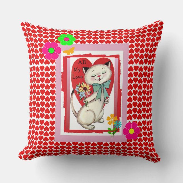 Retro "All My Love" Valentines Kitty Throw Pillow (Front)