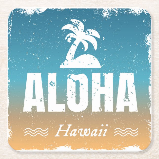 Retro Aloha Hawaii Square Paper Coaster (Front)