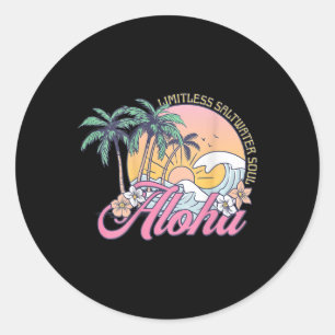 Retro Aloha Sunset Palm Trees Tropical Flowers Sur Classic Round Sticker