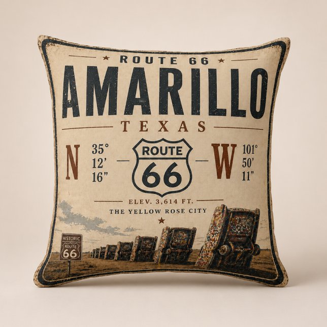 Retro Amarillo Route 66 Coordinates Cushion (Creator Uploaded)