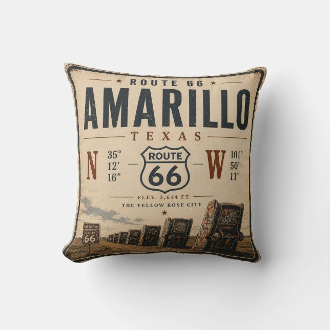 Retro Amarillo Route 66 Coordinates Cushion (Front)