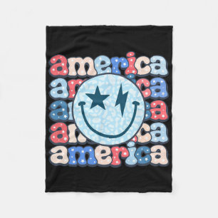 Retro America Groovy Smile Face American Flag 4th Fleece Blanket