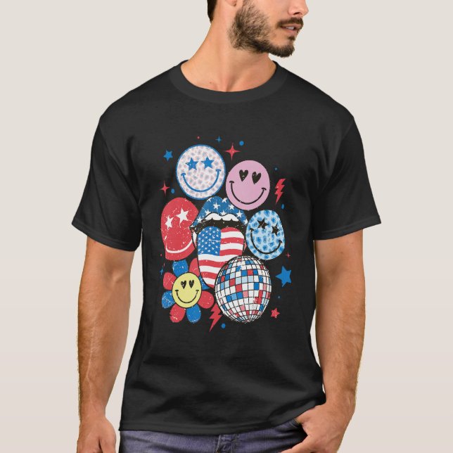 Retro America Happy Face American Flag 4th Of July T-Shirt (Front)
