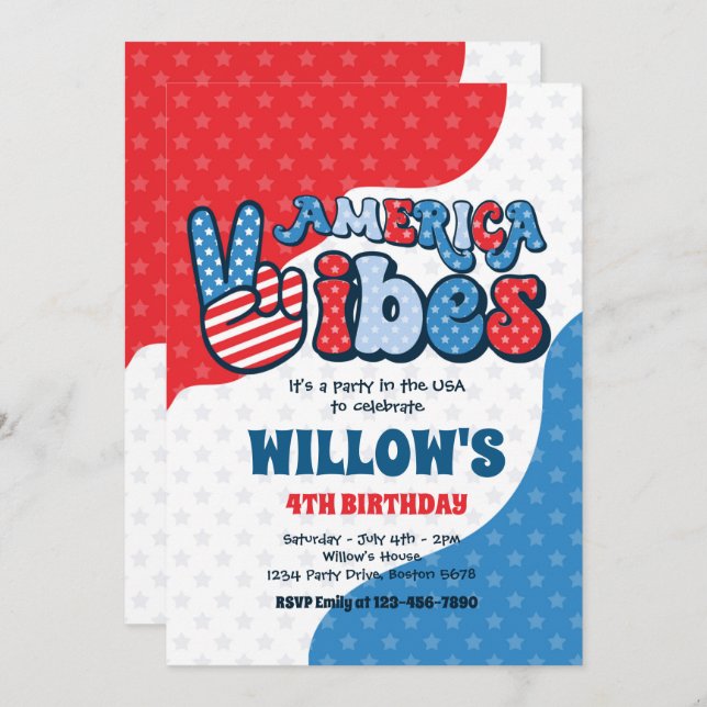 Retro America Vibes 4th Of July Birthday Party Invitation (Front/Back)