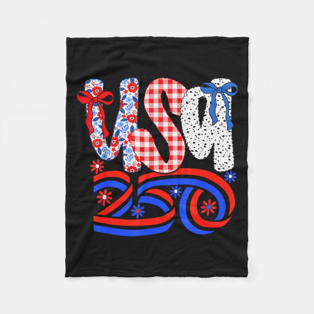 Retro American Coquette Bow 250 Flag Tee, 4th Of J Fleece Blanket (Front)