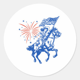 Retro American Cowgirl Horse 4th Of July Usa Flag  Classic Round Sticker