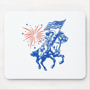 Retro American Cowgirl Horse 4th Of July Usa Flag  Mouse Pad