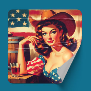 Retro American Cowgirl Pinup Square Sticker