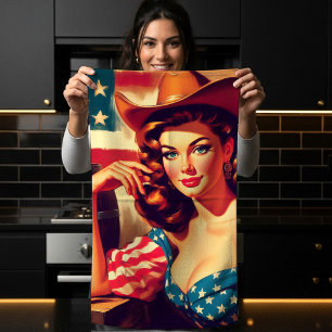 Retro American Cowgirl Pinup Tea Towel