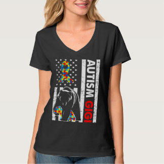 Retro American Flag Autism Gigi Bear Awareness Fam T-Shirt