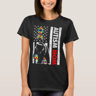 Retro American Flag Autism Mum Bear Awareness Fami T-Shirt