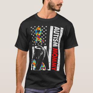 Retro American Flag Autism Mummy Bear Awareness Fa T-Shirt