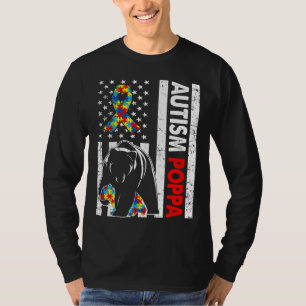 Retro American Flag Autism Poppa Bear Awareness Fa T-Shirt