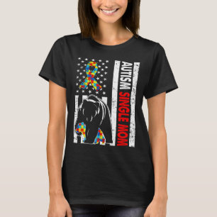 Retro American Flag Autism Single Mum Bear Awarene T-Shirt