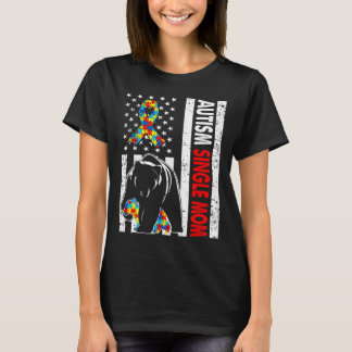 Retro American Flag Autism Single Mum Bear Awarene T-Shirt
