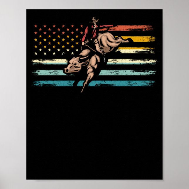 Retro American Flag Bull Riding Western Cowboy Poster (Front)