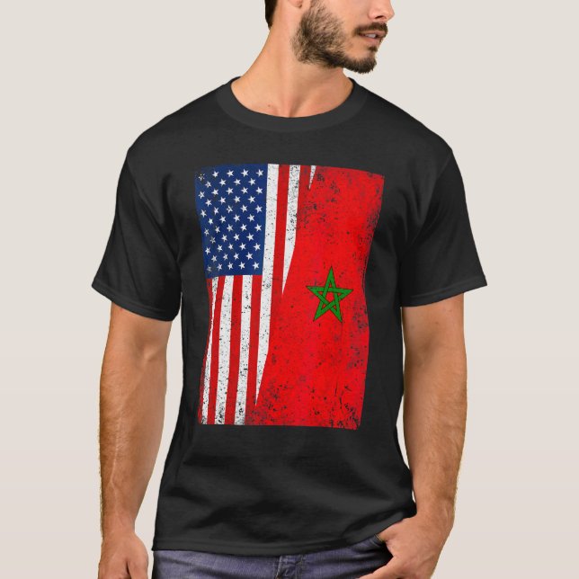 Retro American Flag & Morocco Flag Patriotic T-Shirt (Front)
