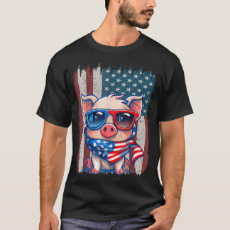 Retro American Flag Pig Dad Mum 4Th Of T-Shirt