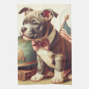 Retro American Pit Bull Terrier Painting Tea Towel